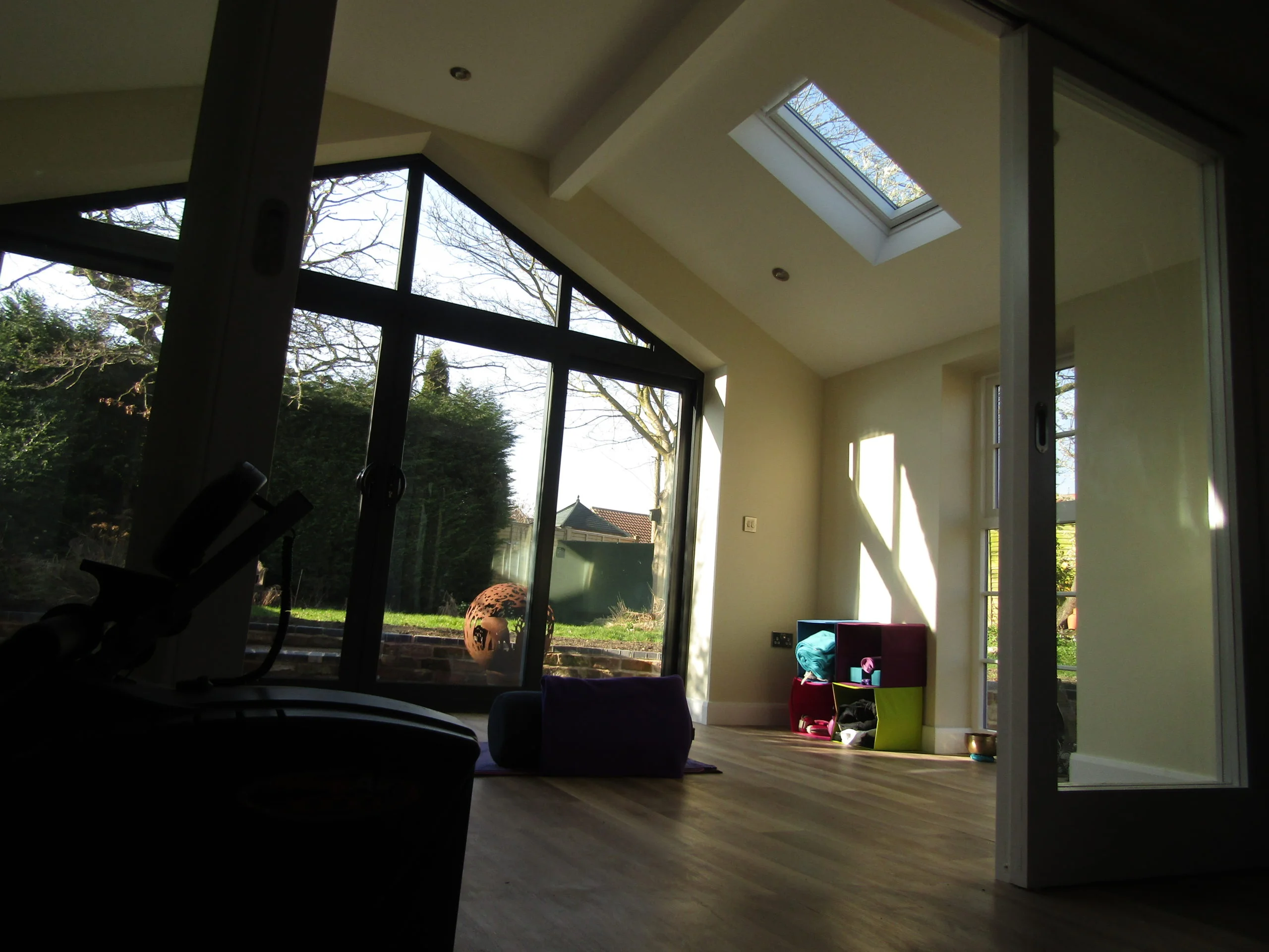 low view of garage conversion with gym